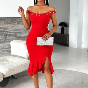 Women’s Off-Shoulder Ruffle Hem Midi Dress – Red Carpet Ready Size: Small – NWOT